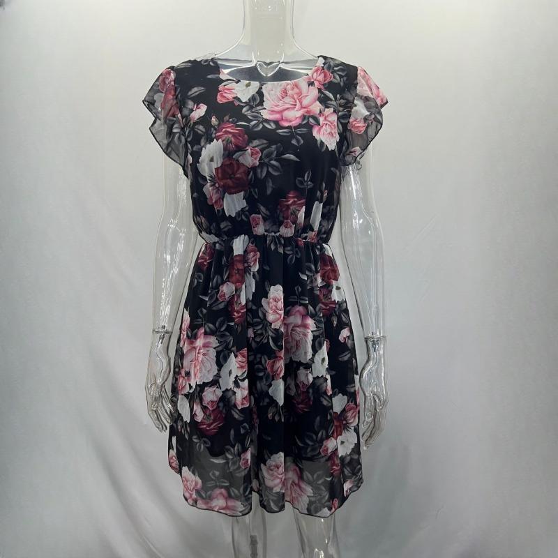 IHUASU Summer Holiday Style Ruffle Short Sleeve Chiffon Printed Rose Dress