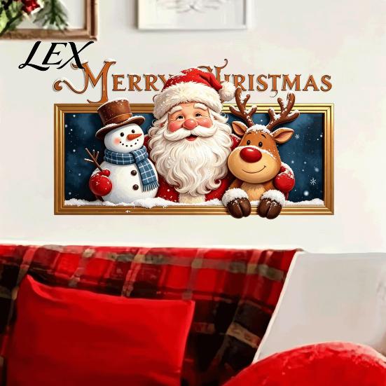 Cartoon Christmas Wall Stickers Stickers, Santa Claus Reindeer And Snowman Decals with Photo Frame Removable Design, PVC Self-adhesive Art Decor
