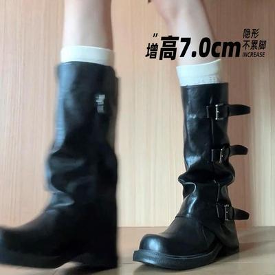 Версия из коровьей кожи~ ботинки на толстой подошве с внутренней платформой, увеличивающей рост, для женской коллекции осень-зима 2025, новые ботинки-трубы средней длины, длинные ботинки-рыцари