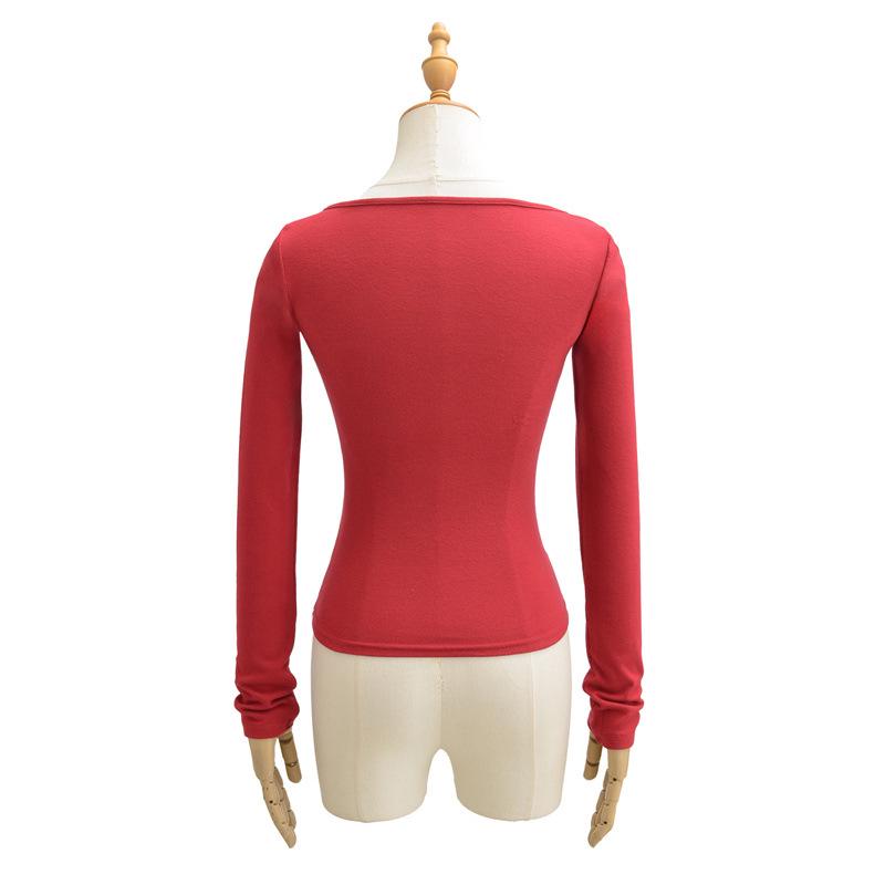 Korean Square Neck Slimming Long Sleeve T-Shirt with Chest Pads and Waist-Cinching Design for Women - Spring/Autumn