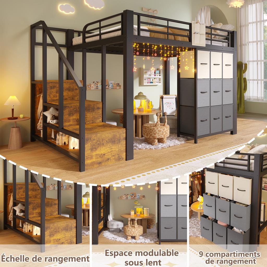 Loft bed, 140×200 cm, metal, with drawers, clothes rail, railing, stairs with storage, without mattress, black