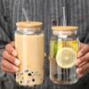 450/550ml Glass Cup with Wooden Lid and Straw Travel Transparent Bubble Tea Cup Milk Beer Can Cocktail Mug Beverage Glassware