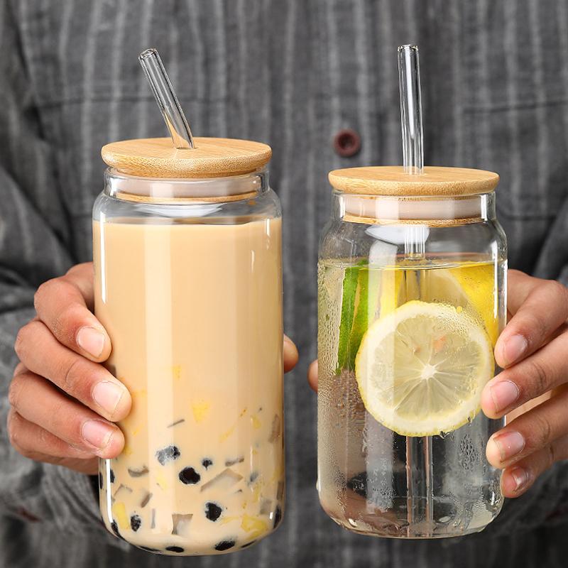 450/550ml Glass Cup with Wooden Lid and Straw Travel Transparent Bubble Tea Cup Milk Beer Can Cocktail Mug Beverage Glassware
