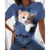 Women's T-shirt 3D Cute Cat Print Round Neck Short Sleeved Top Fashionable and Simple Style