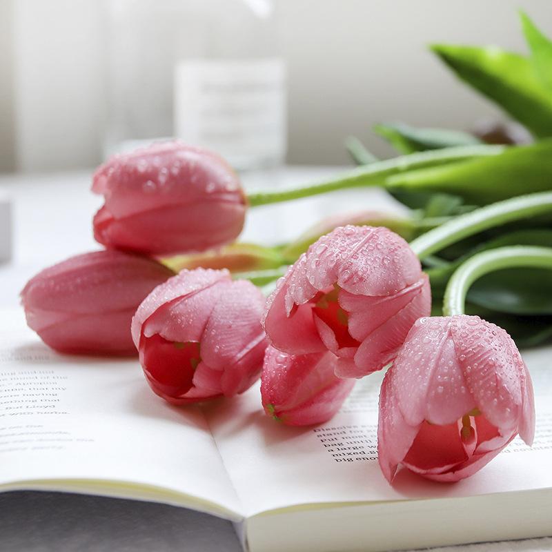 High Quality Modern Durable Plastic Touch 5 Head Latex Tulip Bouquets for Wedding Home Hotel Tabletop Props Decoration