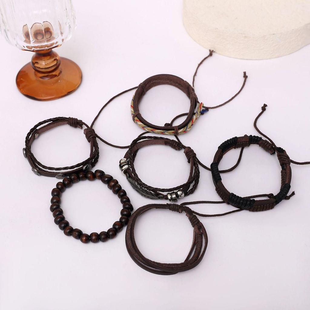 Винтажный многослойный эластичный мужской браслет с листьями и звездами - набор из 6 штук