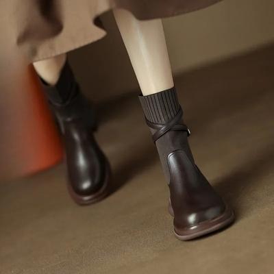 Модные женские ботинки Осень/зима Новые британские ретро модные ботинки Эластичный круглый носок Пряжка ремня Противоскользящая толстая подошва Короткие ботинки