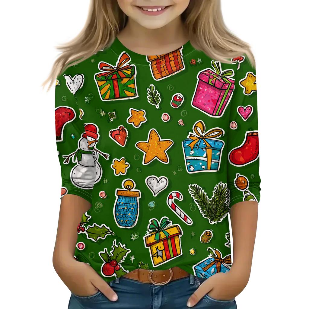 Children's 3/4 Sleeve Round Neck Top Christmas Tree Printed Everyday Casual Top