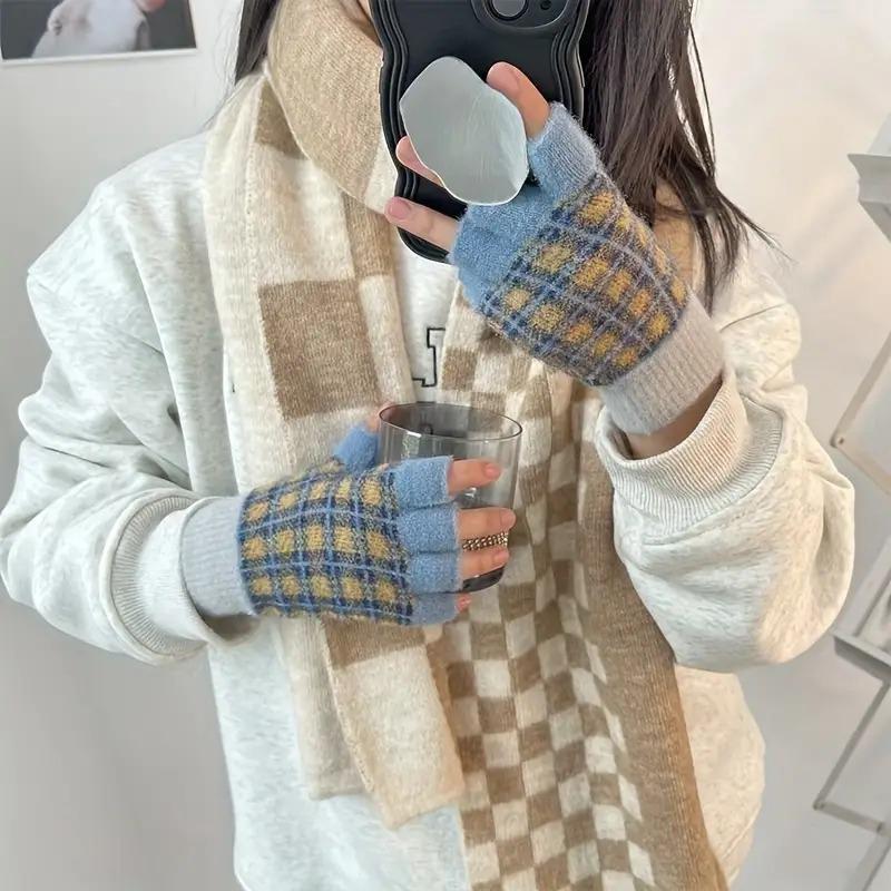Female Checkerboard Winter Half-Finger Gloves Warm Half Open Finger Korean Version Student Writing Winter Typing Computer