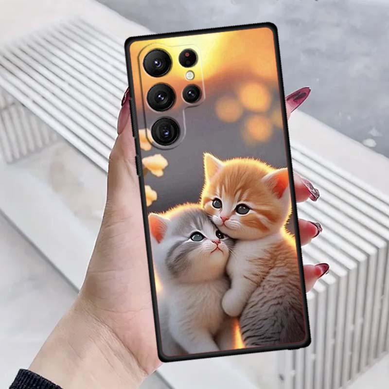 Милая мультяшная кошка Иллюстрация Чехол для телефона Для Samsung Galaxy S26 S25 S24 S23 S22 S21 S20 Ultra Plus FE 5G Черный Мягкий ТПУ