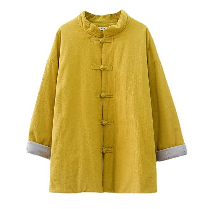 Johnature Женская утолщенная теплая хлопковая одежда, винтажные свободные однотонные пальто со стойкой и длинными рукавами, зимние парки в китайском стиле