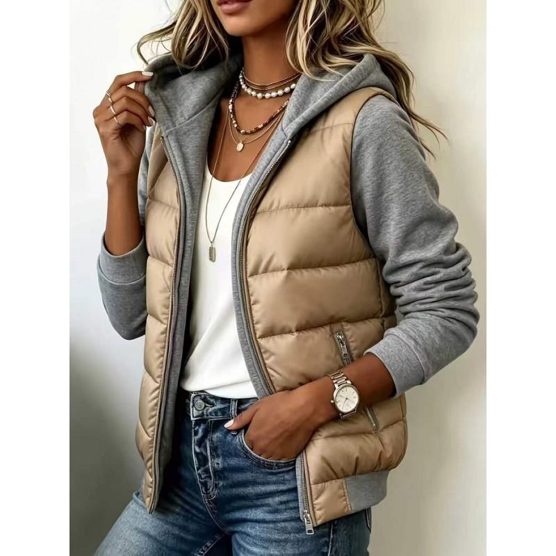 Womens Color Block Patchwork Fake Two-Piece Hooded Cotton Coat Zip Pocket Daily Commute Winter Outerwear