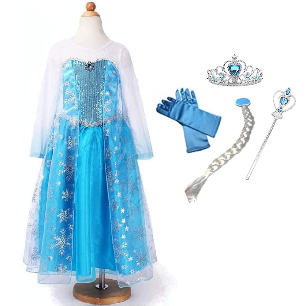 Princess Dress for Kids Cosplay Costume Luxury Set Snow Blue Heart Magic Braided Original 120cm NT302A [CREDIBLE] 6-piece - (Princess Dress, Tiara,