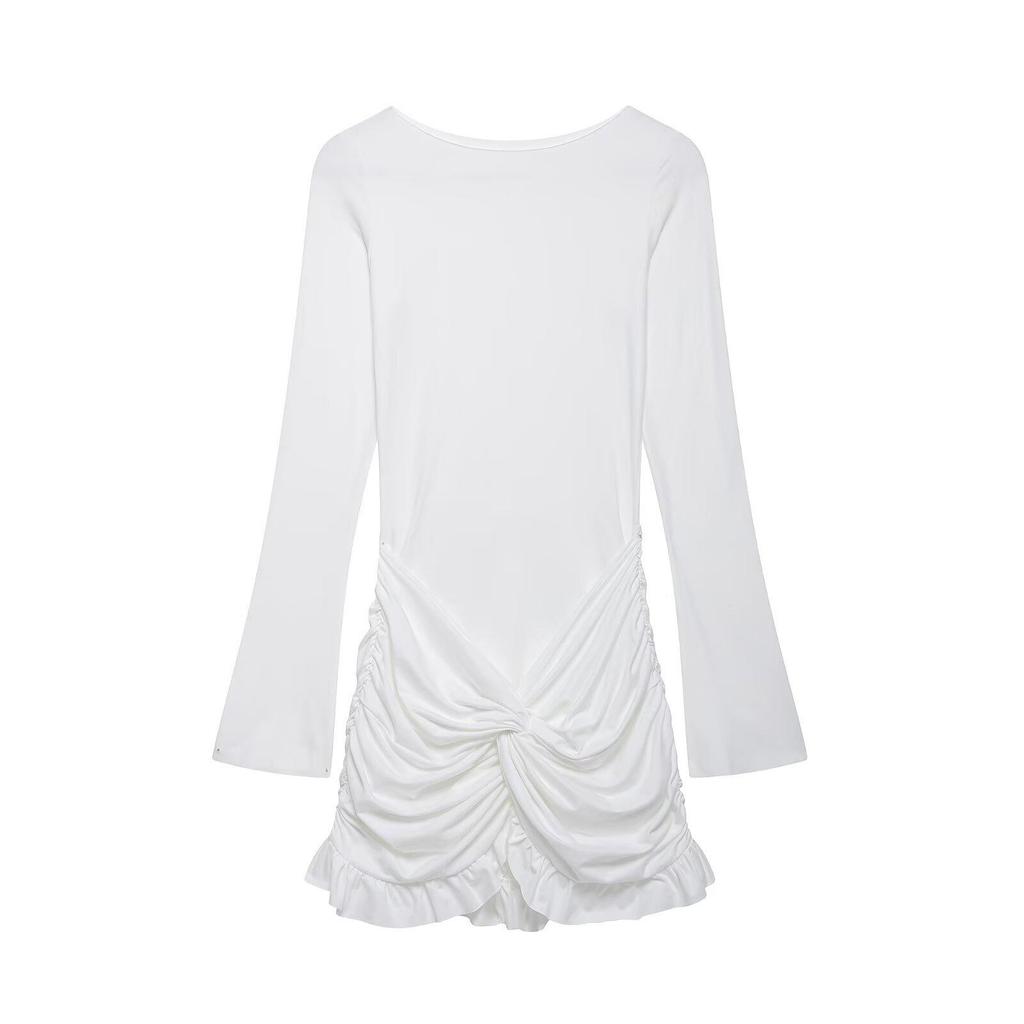 2025 Spring Women's European & American Solid Color Bodycon Mini Dress - Fashionable Round Neck, Long Sleeve, Casual Style