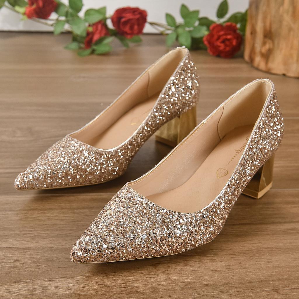 Glitter crystal shoes sequined high heels women's 2024 new pointed plus size socialite silver pregnant woman bride wedding shoes