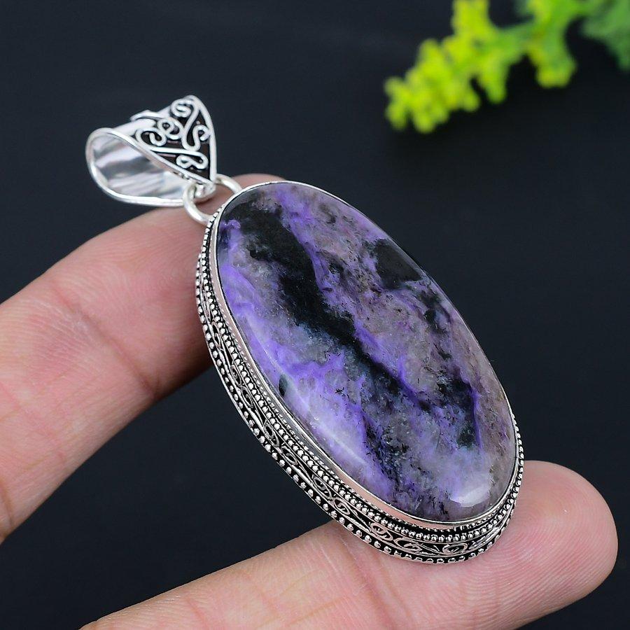 Russian Charoite Gemstone Handmade 925 Sterling Silver Pendant 2.56" a6B59