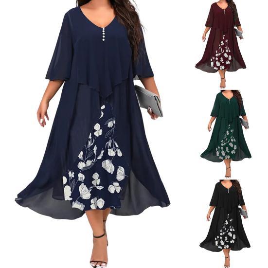 Midi Dress Swing Up Large Hem Trendy Floral Pattern Female Long for Work