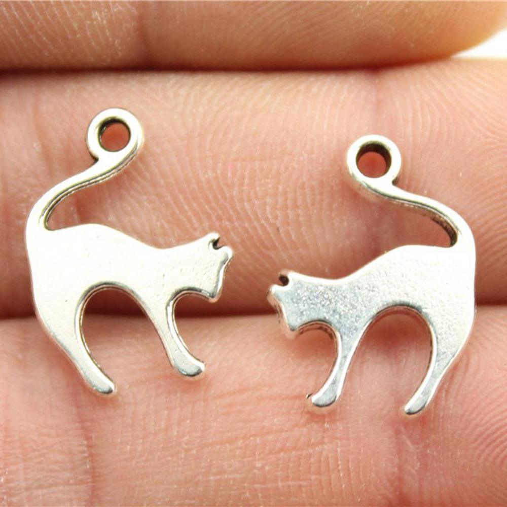 10pcs Charms Cat Antique Silver Color Cute Cat Pendant Charms Kawaii Cat Charms For Jewelry Making