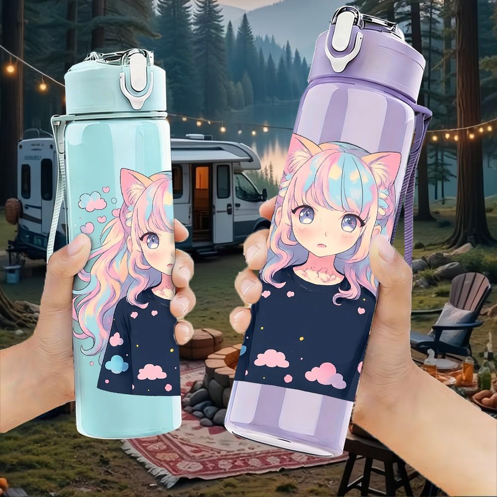 1PC Anime Girl Pastel Hair 750ml Color Plastic Sports Water Bottle Leakproof Flip Straw Lid Suitable for Sports Office Home Use