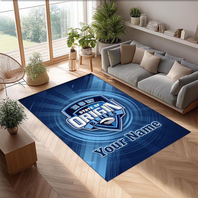 NSW Blues logo Crystal Velvet Rug, Custom Name Text Personalized Non‑Slip Floor Mat for Home Decor Gift