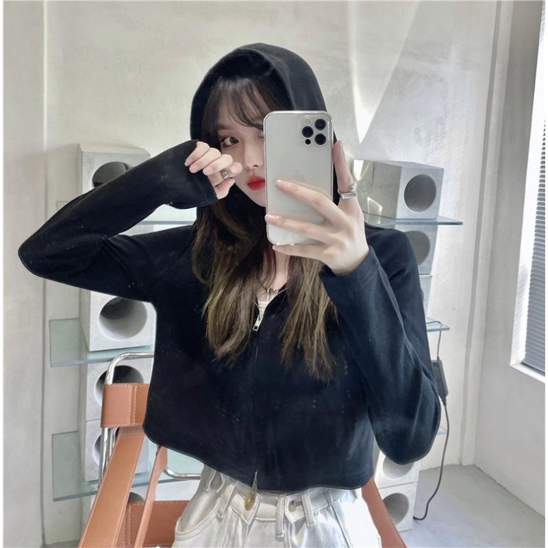 Cc кардиган с капюшоном женский тонкий на молнии короткий хлопковый топ куртка поддержка