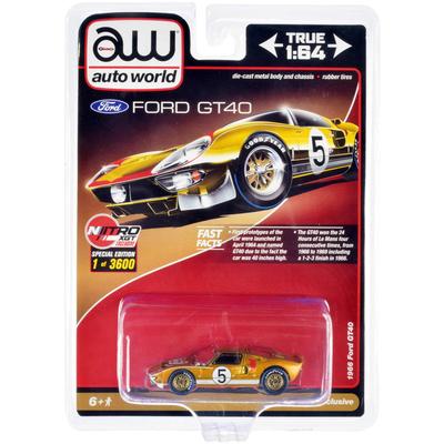 Auto World 1966 Ford GT40 RHD Hand Gold с графикой Ограниченный тираж 3600 деталей Всемирная литая модель автомобиля (Правый привод) #5 1/64