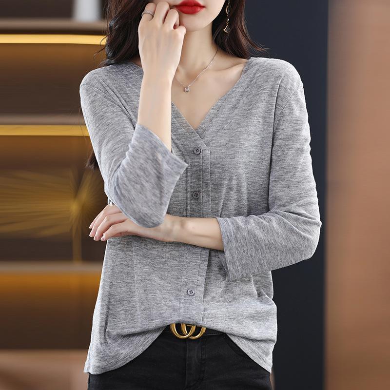 Базовая приталенная рубашка с V-образным вырезом большого размера для женщин с коротким рукавом, универсальный весенне-летний стиль, тонкая имитация вязаного кардигана, куртка свободного кроя