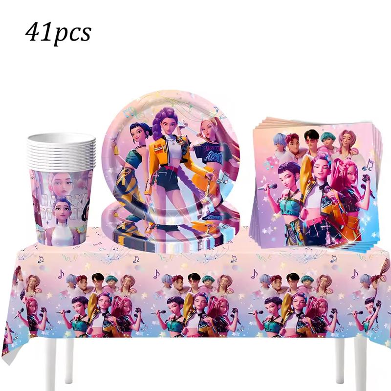 Kpop Demon Hunters Birthday Decorations Singer Party Favors Balloon Disposable Tableware Tablecloth Plates Cups Baby Shower Toys