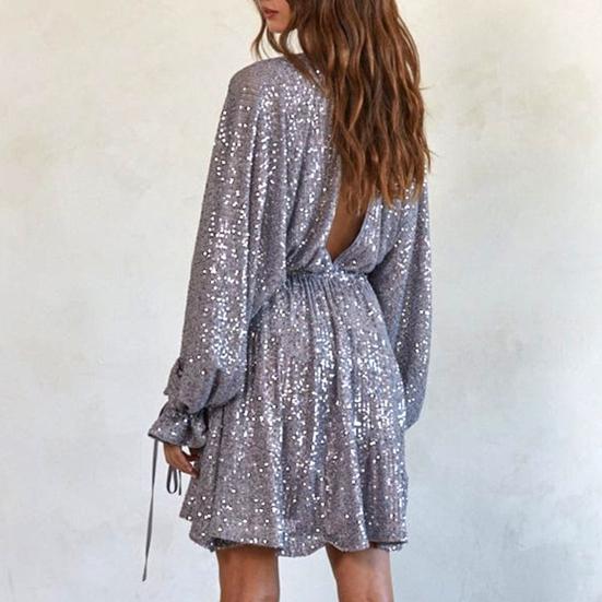 Платье для вечеринки Lady Club с глубоким V-образным вырезом, с мерцающими пайетками, свободного кроя, однотонное