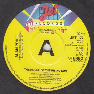 Пластинка 7 дюймов ALAN PRICE House Of The Rising Sun JET177PROMO JET 1980 UK Поп Б/у