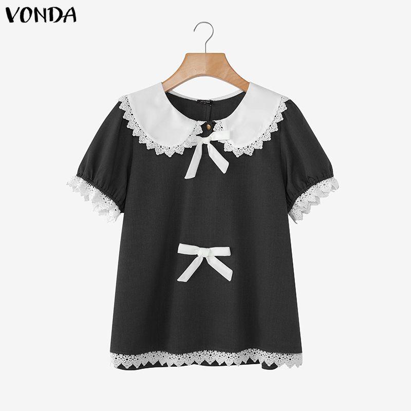 VONDA Элегантная женская блузка с отложным воротником, кружевной отделкой по подолу и бантом, повседневная, с коротким рукавом