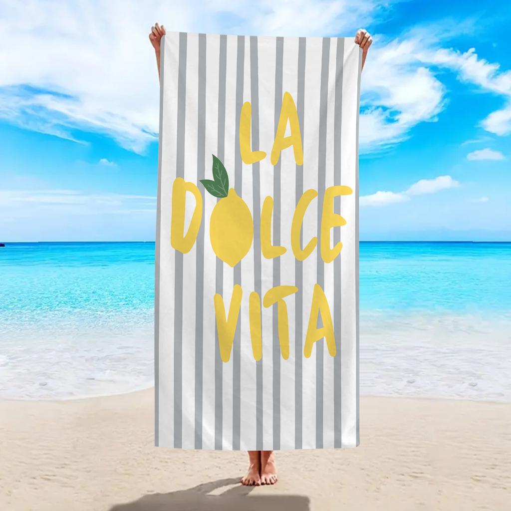 1 шт. пляжное полотенце с принтом в полоску с лимонами "La Dolce Vita", многофункциональное пляжное полотенце, подходящее для кемпинга, отпуска и плавания