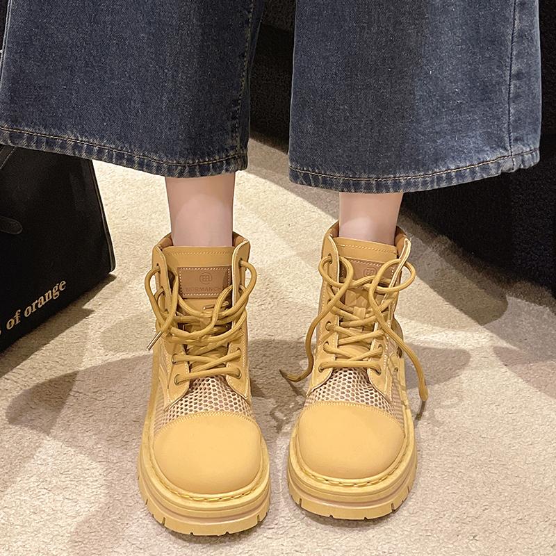 Ботильоны из дышащей сетки для женщин, модные желтые повседневные туфли на молнии со шнуровкой, женские ботинки на плоской платформе
