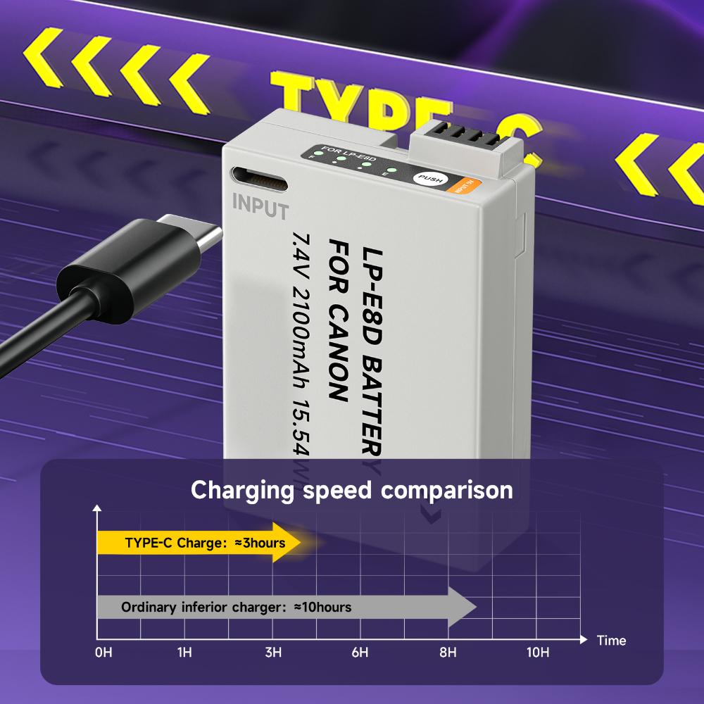 PALO Аккумулятор LP-E8 Type-C емкостью 2100 мАч с индикаторной лампой для Canon EOS 550D 600D 650D 700D X4 X5 X6i X7i T2i
