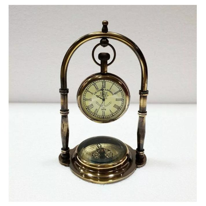 Часы настольные из латуни в старинном стиле с компасом на подставке, коллекционные, настольные, декоративные