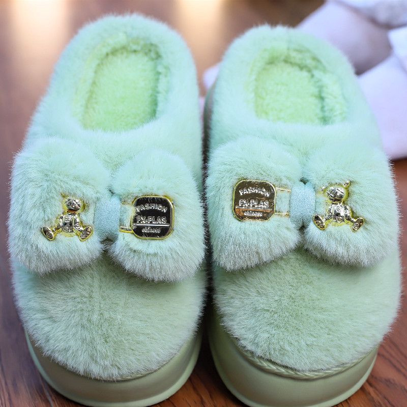 Новые пушистые тапочки с бантом для женщин, зимние теплые меховые шлепанцы, женские тапочки-облака, теплые плюшевые тапочки для девочек-подростков на платформе, домашняя обувь