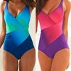 Women Sexy Gradient Color V-neck One Piece Bikini Set Slim Fit Beach Swimsuits