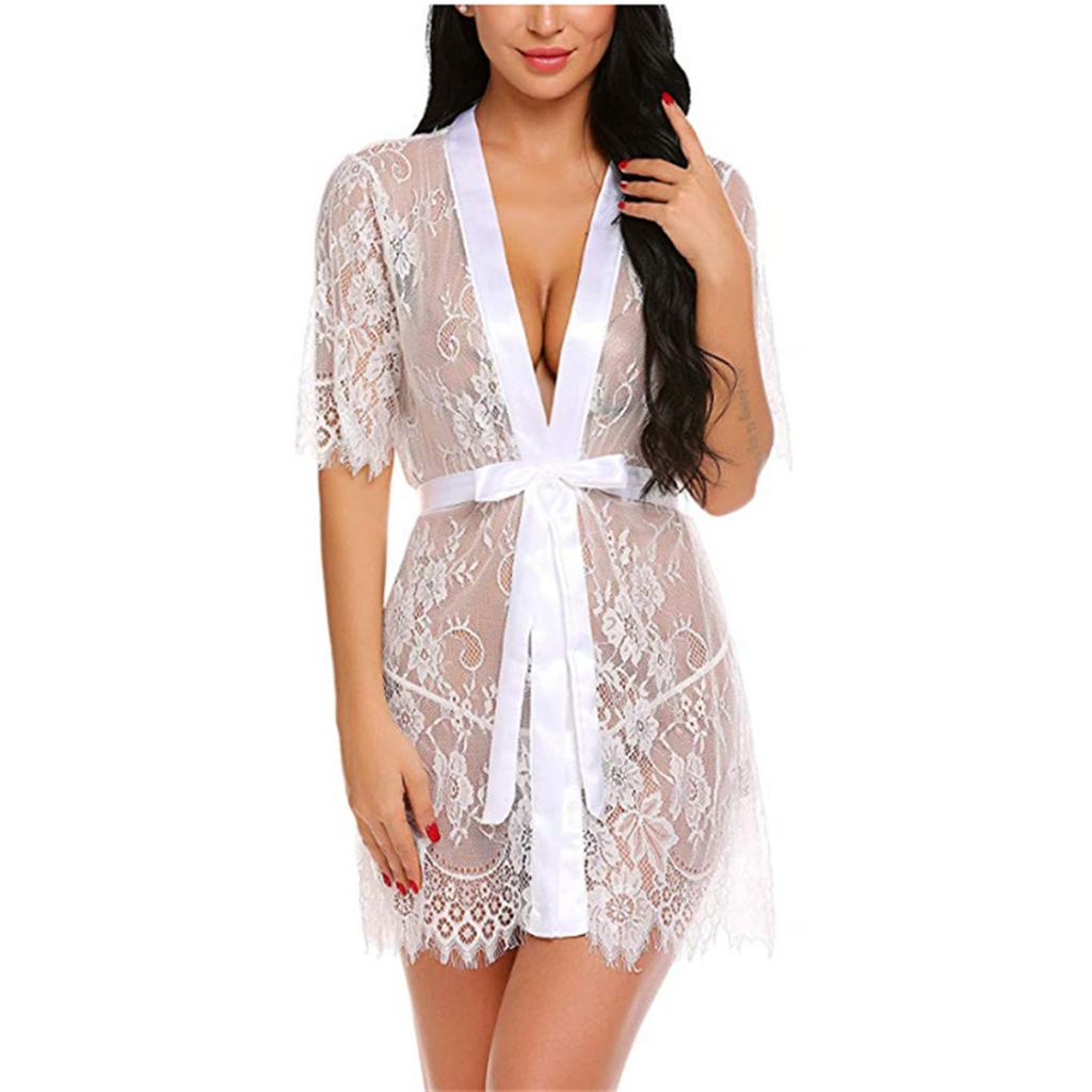 Fashion Women Sexy Dressing Gown Babydoll Lace Lingerie Belt+G-string Bath Robe