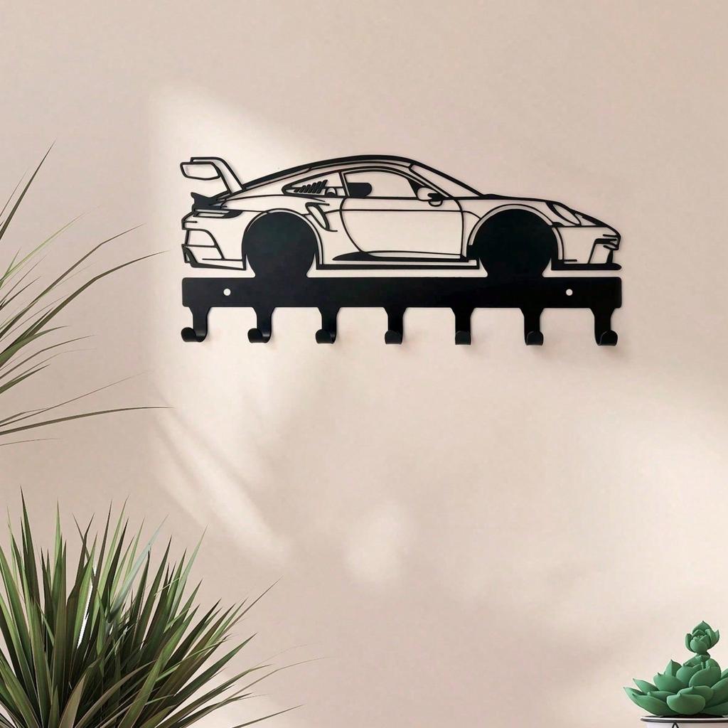 1 PC Black Racing Car with Key Hooks Metal Wall Art - Modern Home Decor for Bedroom, Living Room, or Bathroom