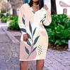 Women Plus Size V Neck Long Sleeve Printed Fitted Straight Dress