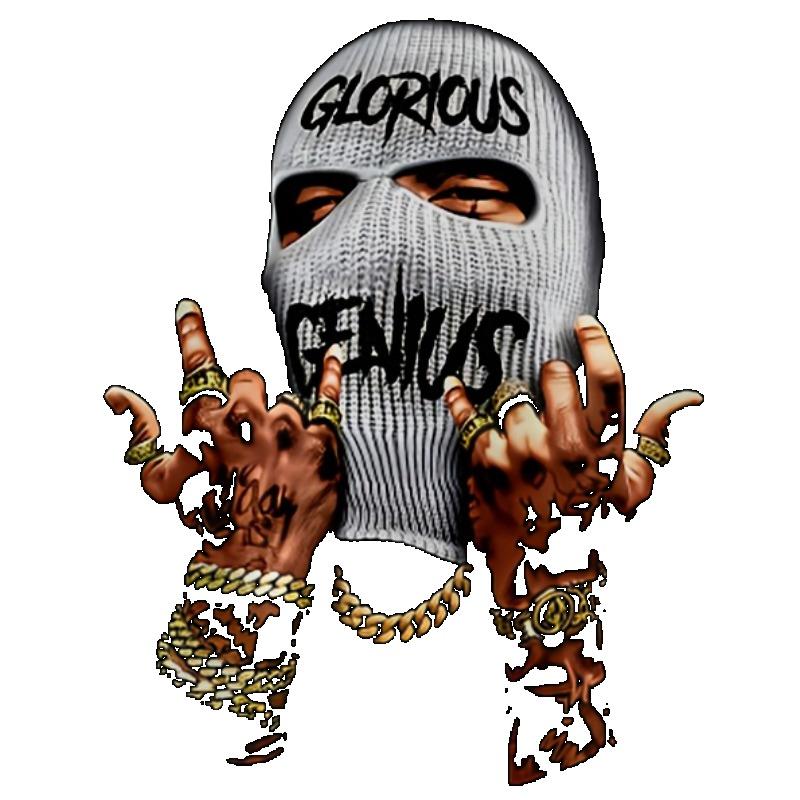 Black T Shirt with Glorious Genius Balaclava and Tattooed Hands Print for Streetwear Fashion