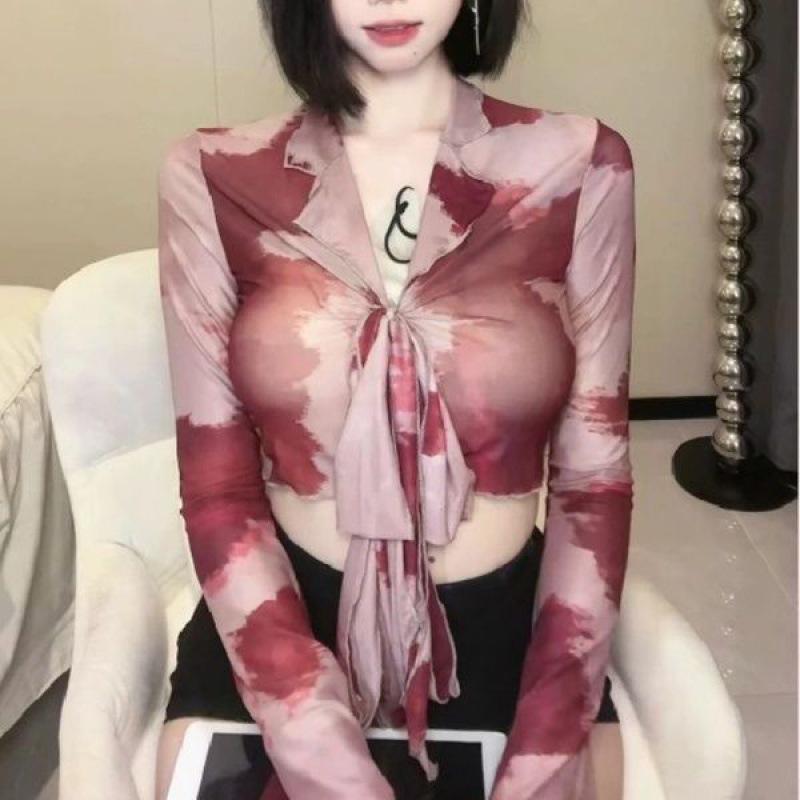 Women's Hot Girl Tie-Dye V-Neck Long-Sleeve High-Waist Sexy Slim Fit Shirt
