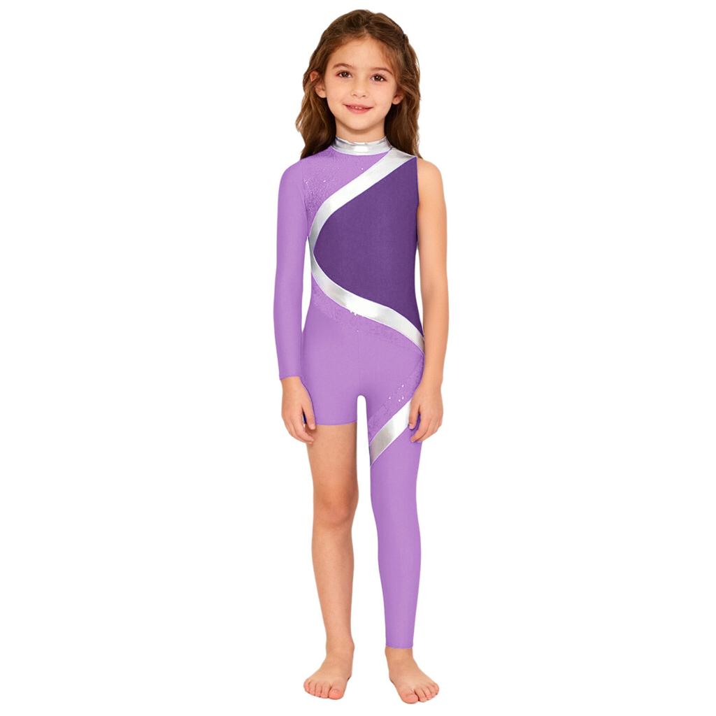 Гимнастический танцевальный костюм для девочек: Асимметричный комбинезон с воротником-стойкой, скрытой молнией сзади, блестящими пайетками и цветовыми блоками для соревнований