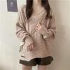 Autumn Winter V-neck Loose Casual Hole Sweater Women Solid Color Simple All-match Irregular Knitting Pullover Top