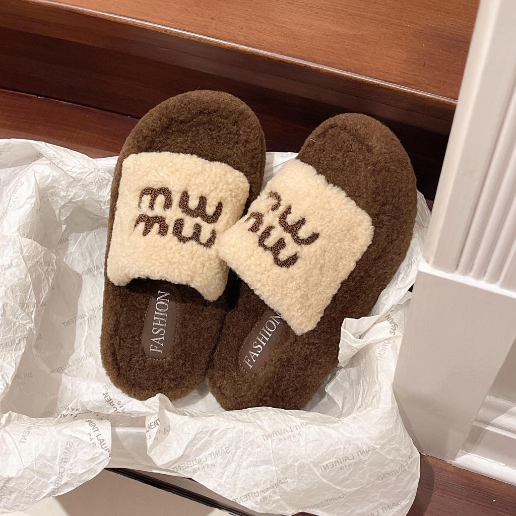 Cotton Mop Soft Bottom Fluffy Slippers Women's Outer Wear Burgundy Autumn and Winter Velvet Red Retro Lamb Wool Letter New