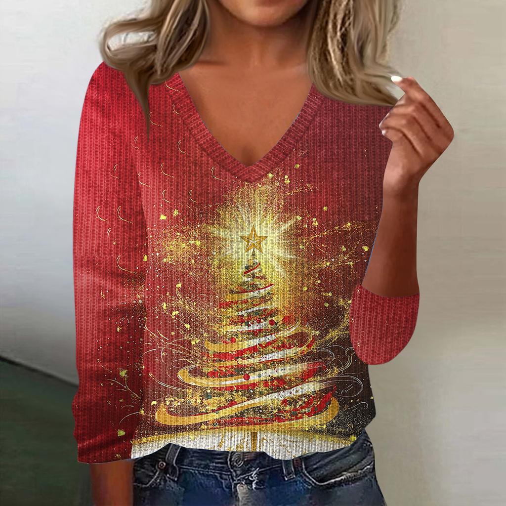 Women's Cute Sweatshirt Knitted Fashion Casual V-neck Long-sleeved Cozy Print Top