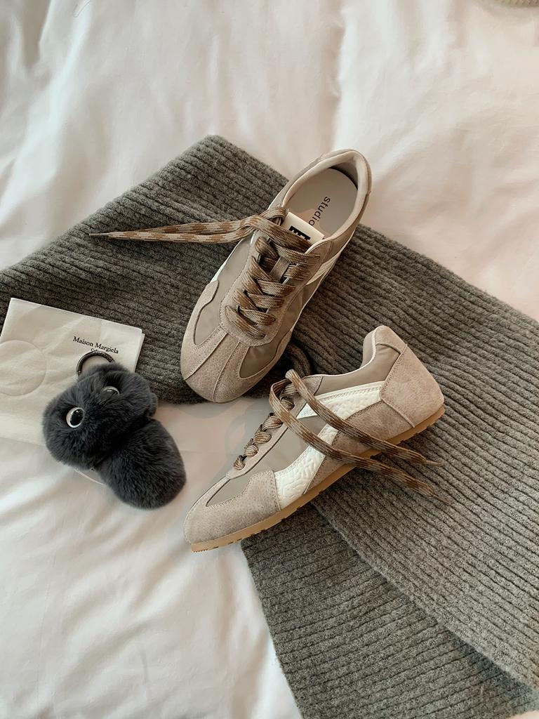 Цельная коровья кожа~ виноградная материнская кожа ретро контрастный цвет круглый квадратный носок повседневный стиль Forrest Gump тренировочные кеды женские ins женские новые м