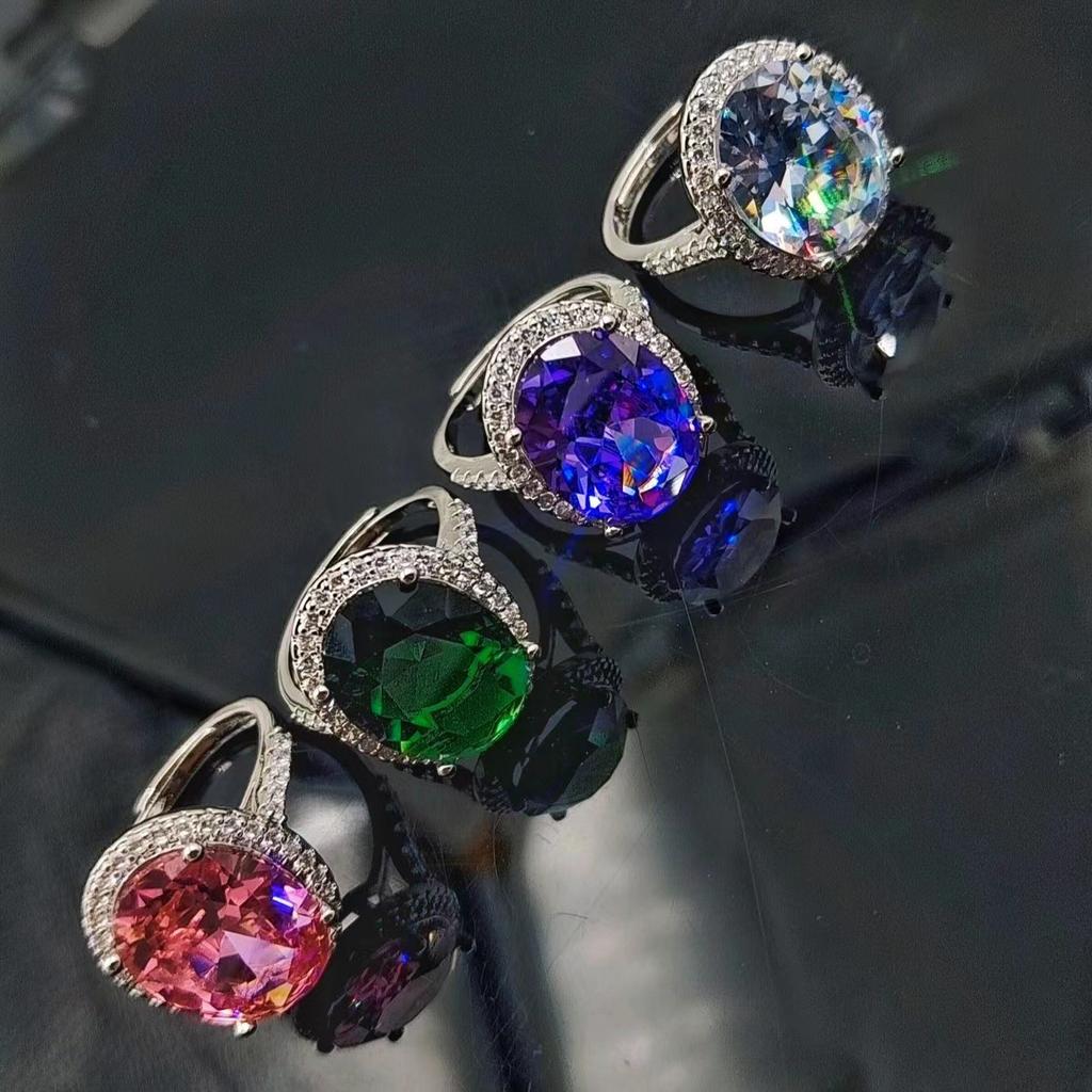 Coconut Round Pigeon Egg Multi-Color Zirconium Ring Women'S Gold-Plated Luxury Inlaid Imitation Colored Treasure Diamond Fashion Live Ring