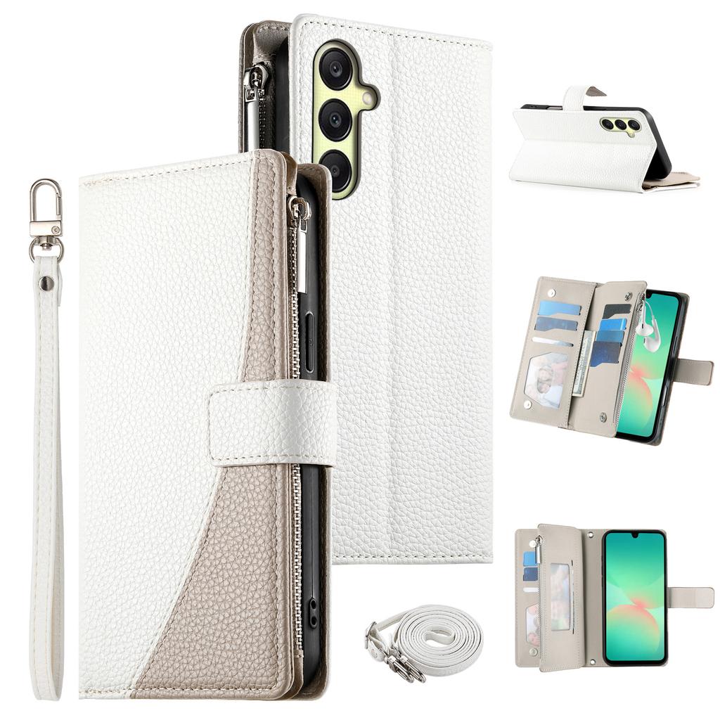 For Samsung Galaxy A26 5G Case Zipper Wallet Color Splicing Leather Flip Phone Cover with Straps