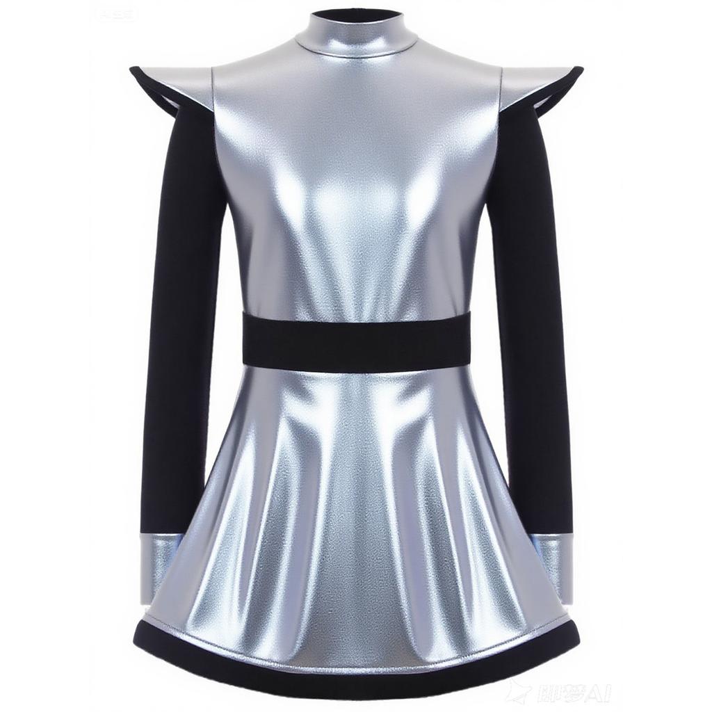 Детский костюм инопланетянки для девочек, пэчворк, металлический блеск, воротник-стойка, длинный рукав, застежка-молния сзади, платье со встроенными шортами
